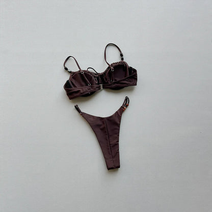 2026 New Sexy Underwire Padded Swimsuit Lace-up Micro Bikini Set Beachwear Female Push Up Low Waist Biquini Bead Decor Swimwear