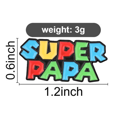 Super Papa Cartoon Enamel Pin Retro Video Game Colorful Block Letter Brooch Bag Lapel Badge Father's Day Jewelry Gift for Dad