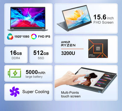 Ninkear YBOOK15 2 in 1 Laptop 360° flip 15.6' FHD IPS Touch Screen Tablet AMD Ryzen™ 3 3200U 16G DDR4+512GB SSD Windows 11 Pro