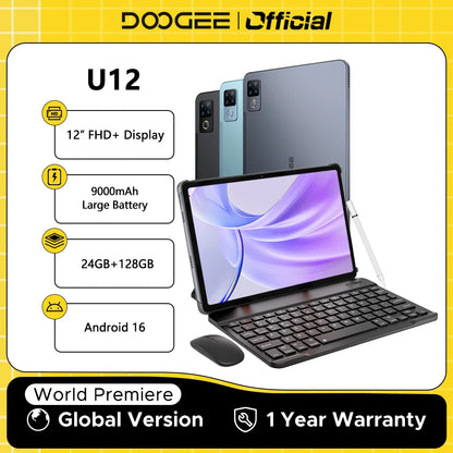 DOOGEE U12 Tablet PC Android 16 Gemini AI 12'' FHD+ Screen 24GB RAM 128GB 9000mAh Large Battery 7.8mm Ultra-thin Smart Pad