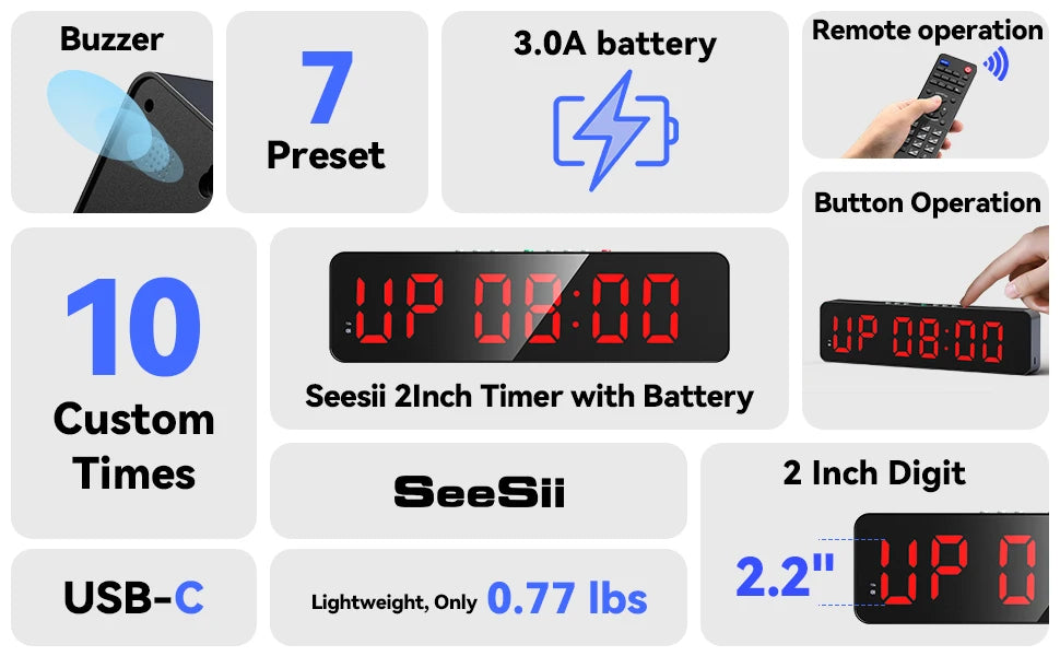 Gym Timer with Remote 11''x 3.5''Ultra-Clear Interval Timer with LED Countdown/Up Wall Clock Power Fitness Timer Stopwatch
