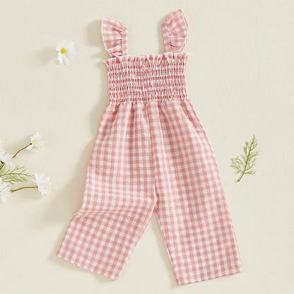 2025 Baby Girl Clothes Girl Cotton Overalls Ruffle Sleeve Strappy Gingham Checkered Romper Casual Loose Pants Outfit 0-4Y