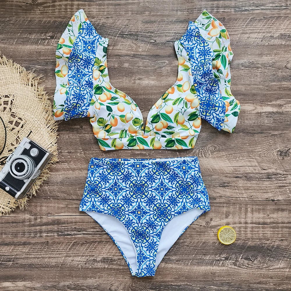 New Sexy Brazilian Bikini Set Ruffle Swimwear Women Push Up Swimsuit High Waist Print Floral Bathing Suit Biquini Female