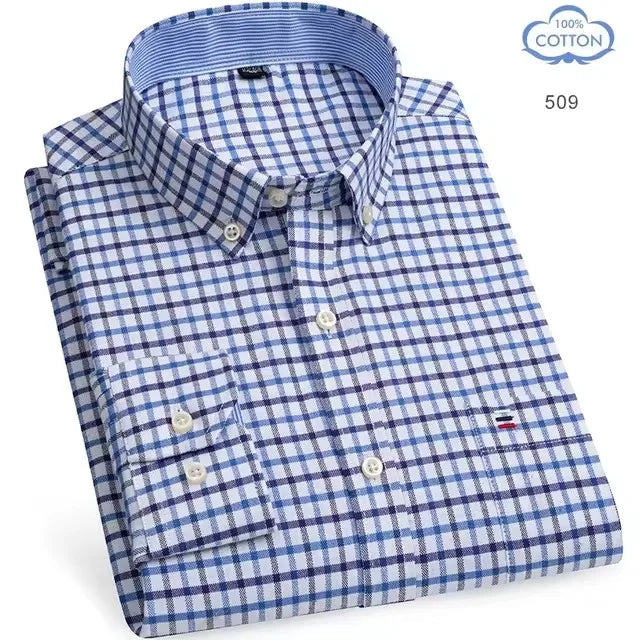 100% Pure Cotton Oxford Shirts for Men Long Sleeve Plaid Shirt Striped Male Business Checked Red Shirt Mans Designer Clothes 7XL