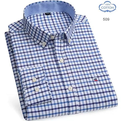 100% Pure Cotton Oxford Shirts for Men Long Sleeve Plaid Shirt Striped Male Business Checked Red Shirt Mans Designer Clothes 7XL