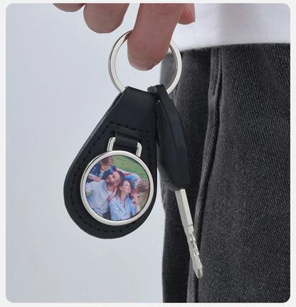 Vnox Custom Fathers Day Gift for Dad Grandpa, Black PU Leather Keychains with Custimized Photo Image Metal Plate Key Chain