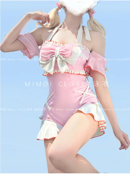 Japanese Lolita Girls Bow Cute Water Blue Swimsuit Hot Spring Bathing Swimwear Japanese Style Women One Peice Swimming Suit