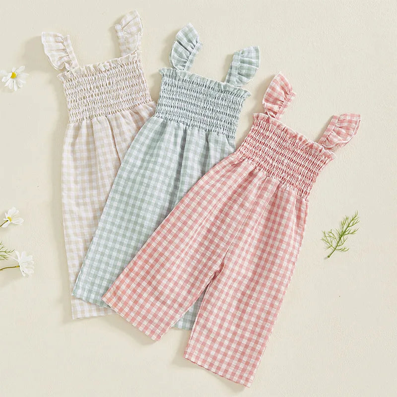 2025 Baby Girl Clothes Girl Cotton Overalls Ruffle Sleeve Strappy Gingham Checkered Romper Casual Loose Pants Outfit 0-4Y