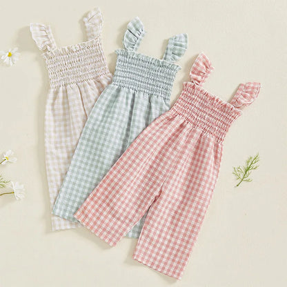 2025 Baby Girl Clothes Girl Cotton Overalls Ruffle Sleeve Strappy Gingham Checkered Romper Casual Loose Pants Outfit 0-4Y