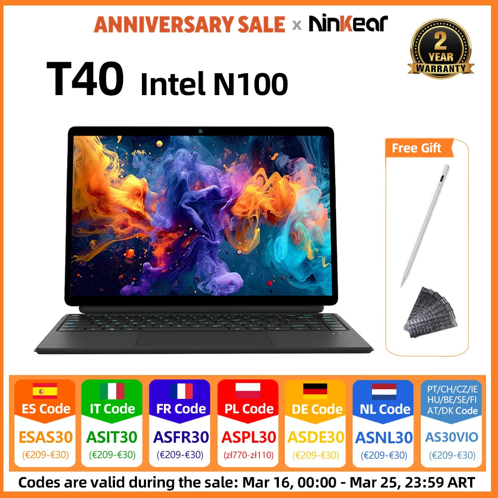 Ninkear T40 Laptop Touchscreen 2 in 1 Tablet Intel N100 14 Inch Fhd 16Gb Ddr5+512Gb Ssd Wifi 6 Rgb Backlit Keyboard with Stylus