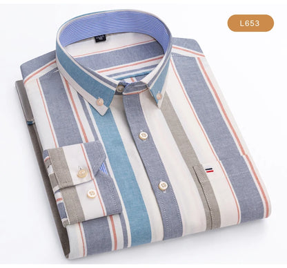 Men's Oxford Long Sleeve Shirt 100% Cotton Wrinkle Resistant & Breathable, Solid Plaid Striped Comfort Casual Button-down Shirts