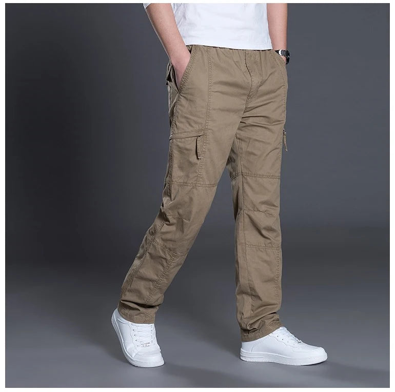 Big Size Men's Cargo Trousers Straight Leg Work Pant Men Loose Fit Cotton Summer Wide Overalls Male Side Multi Pocket Large Size