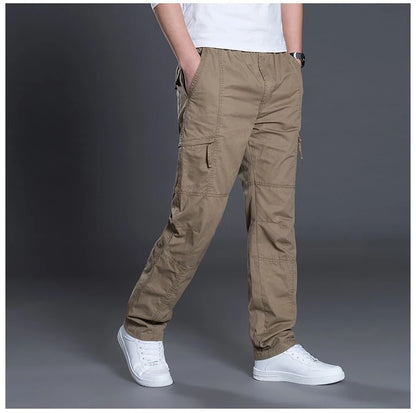 Big Size Men's Cargo Trousers Straight Leg Work Pant Men Loose Fit Cotton Summer Wide Overalls Male Side Multi Pocket Large Size