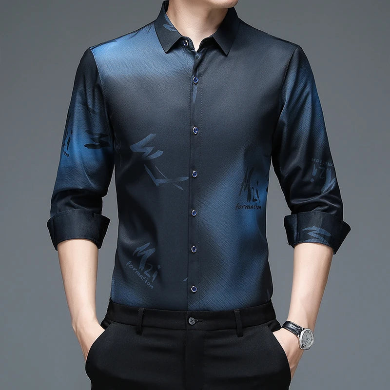 New Men's Casual and Fashionable Long Sleeved Shirt with Printed Anti Wrinkle Business Shirt