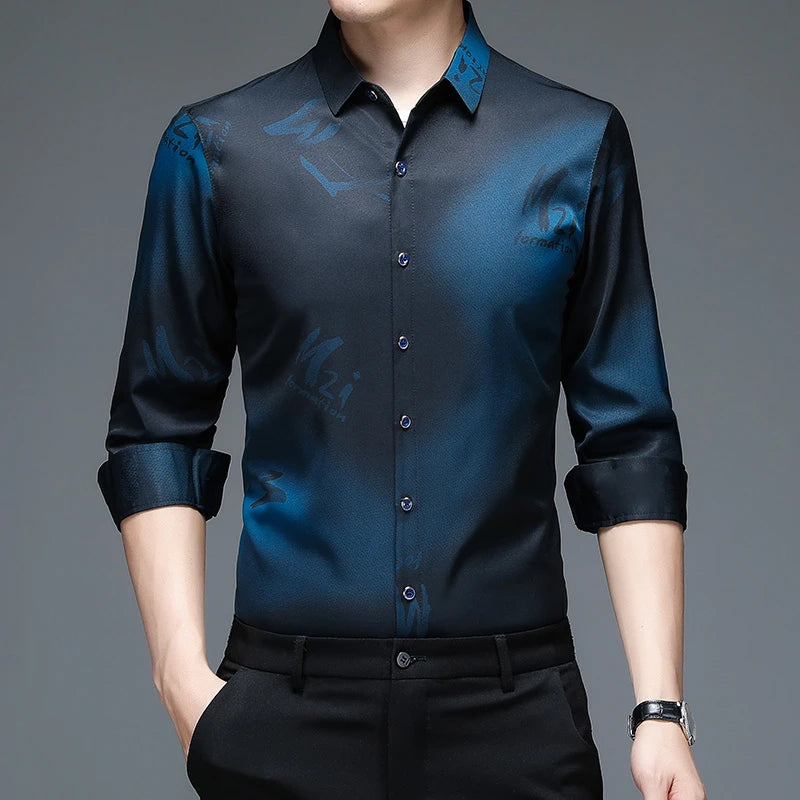 New Men's Casual and Fashionable Long Sleeved Shirt with Printed Anti Wrinkle Business Shirt