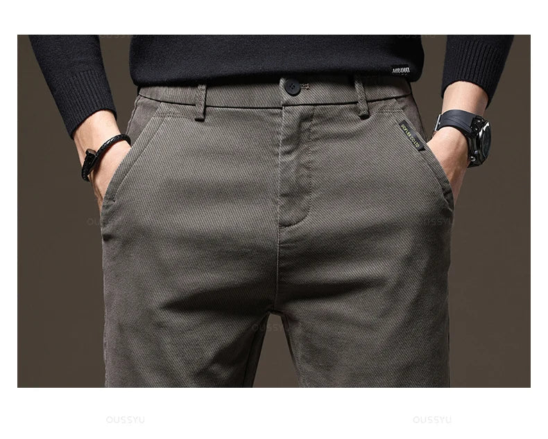 Autumn Winter High Quality Pants Men Elastic Waist Slim Coffee Twill Brand Clothing Thick Cargo Trousers Male Plus Size 28-38