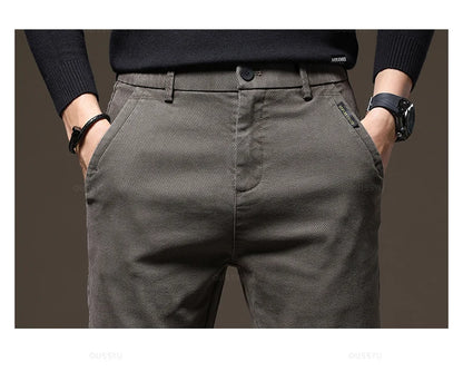 Autumn Winter High Quality Pants Men Elastic Waist Slim Coffee Twill Brand Clothing Thick Cargo Trousers Male Plus Size 28-38