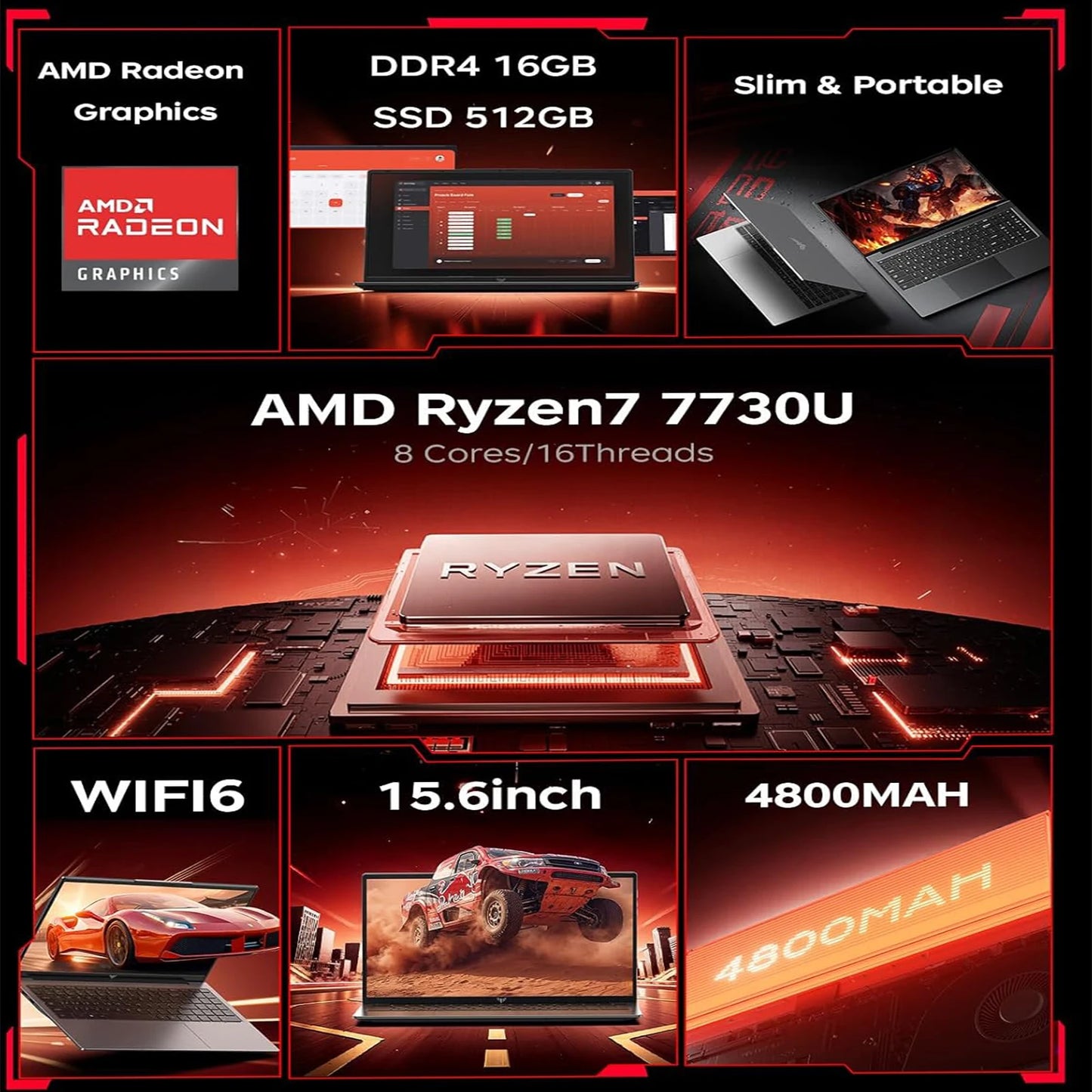 KAMRUI 15.6 Gaming Laptop with AMD Ryzen7 7730U 16GB DDR4 RAM 512GB SSD WiFi 6 Windows 11 Laptop Computer for Video Editing
