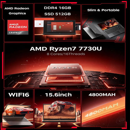 KAMRUI 15.6 Gaming Laptop with AMD Ryzen7 7730U 16GB DDR4 RAM 512GB SSD WiFi 6 Windows 11 Laptop Computer for Video Editing