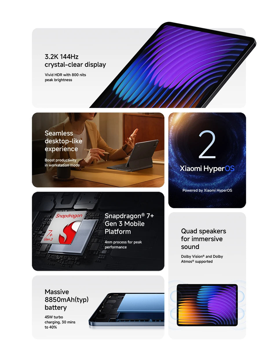 Global Version Xiaomi Pad 7 Tablet 11.2" 3.2K Display Snapdragon 7+ Gen 3 Octa-core CPU 8850mAh 13MP Camera 144Hz 45W Charging