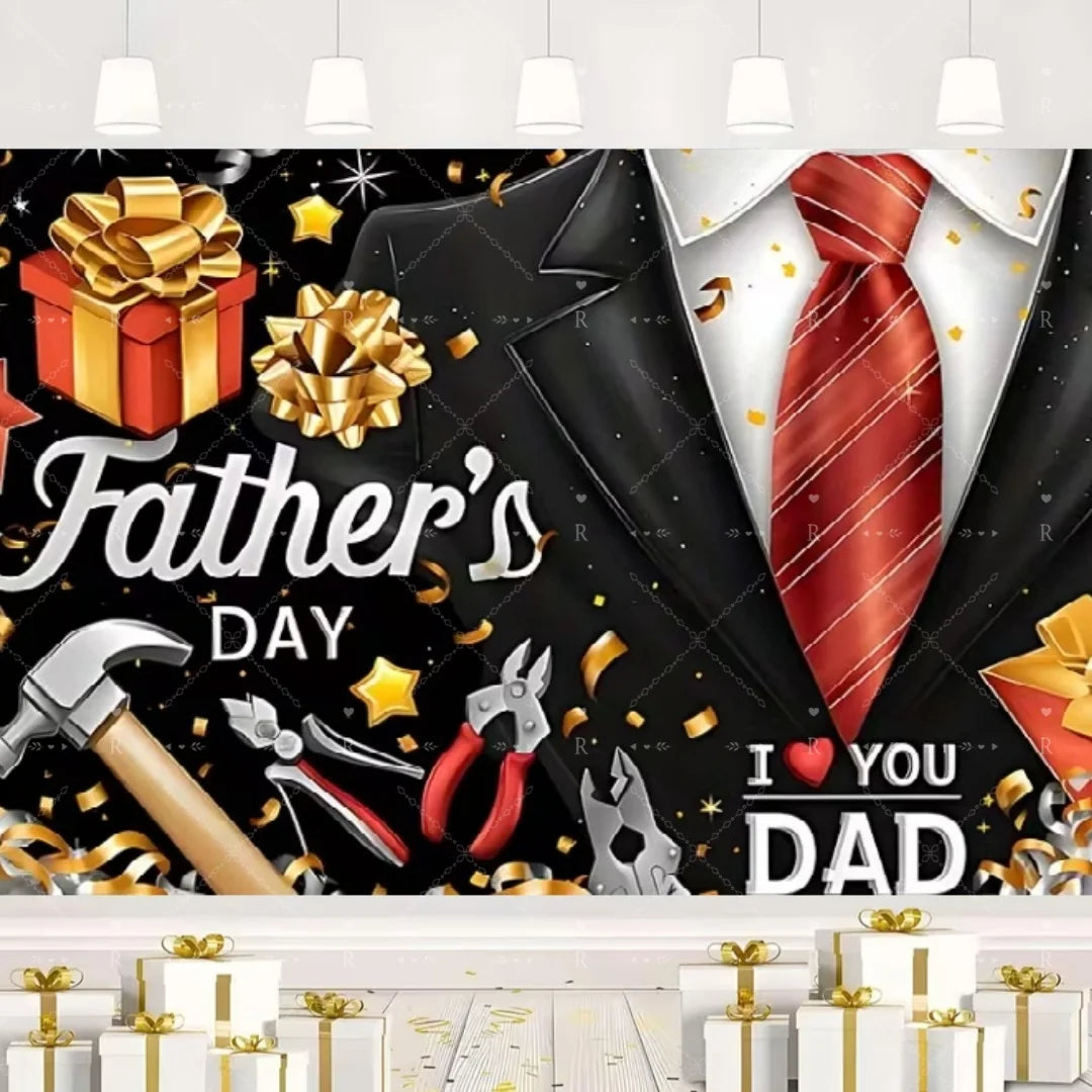 Happy Father's Day Family Party Decoration Background Feliz Día del Padre Golden Blue Balloon Backdrop for Man Tuxedo I Love Dad