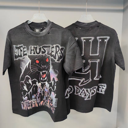 New fashion brand LIFE HUSTLERS Y2K hot stamping hole Men Women T-shirt Streetwear 100% Cotton Loose Round Neck Top Tees