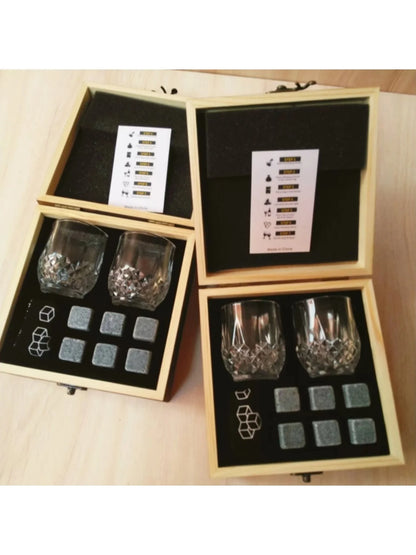 Father's Day Gift for Men Whiskey Stones Glasses Set Granite Ice Block for Whisky in Wooden Bottle Box Present for Dad Husband