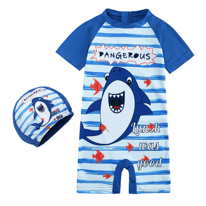 2025 Toddler Children Swimwear Suit Print UV Kids Boys Girls Summer Beach Clothes 2Pcs Cap+Bathing Swimming Diving Swimsuit