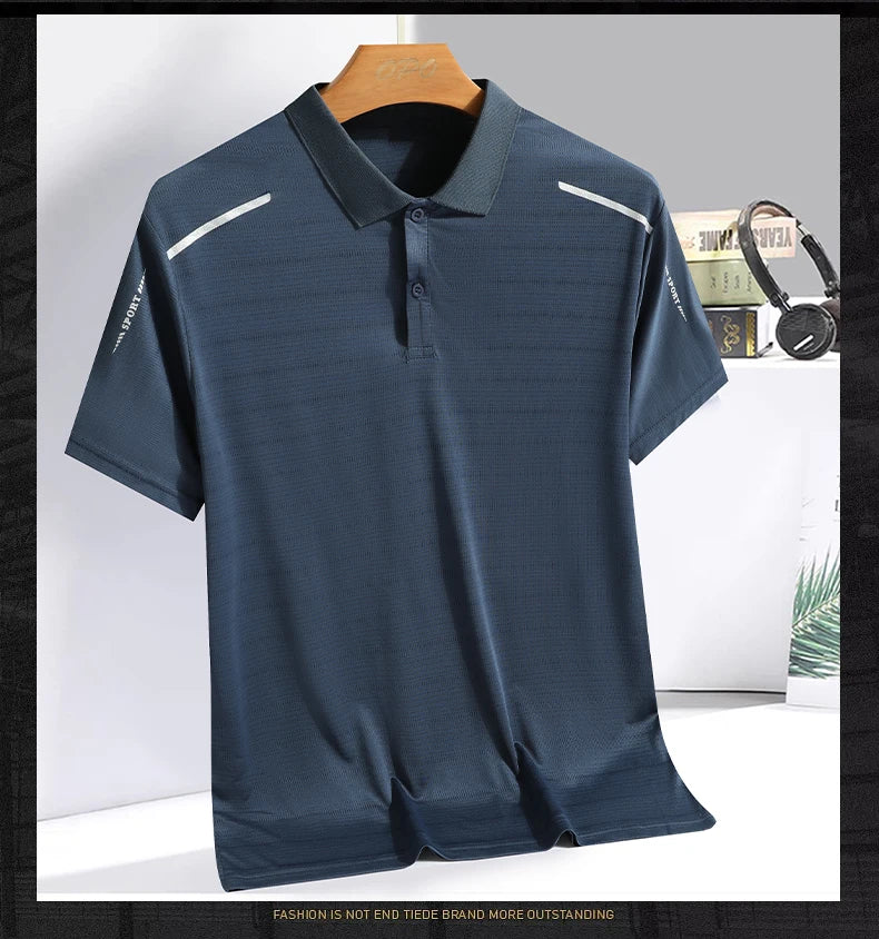 Summer Ice Silk Polo Top Short sleeved Polo Collar Quick Drying Sports Shirt Trendy and Fashionable Thin Breathable T-shirt