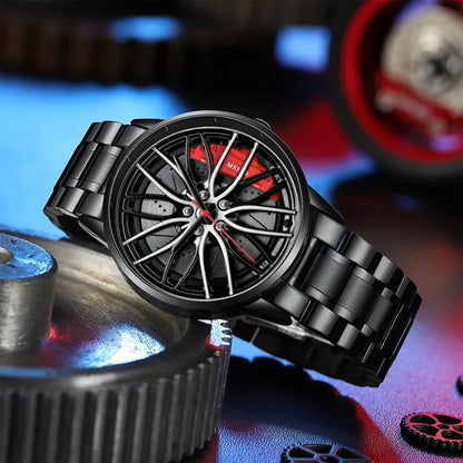 Car Watches For Men Waterproof Stainless Steel Quartz Wrist Watch Sports Men's Watches With Car Wheel Rim Hub Design