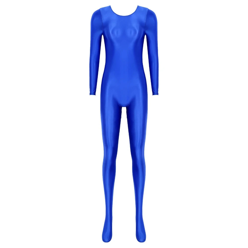 Women Oil Shiny Long Sleeve Pantyhose Jumpsuit Bodystocking Yoga Gymnastics Shapewear One-Piece Swimsuit Catsuit Glossy Bodysuit