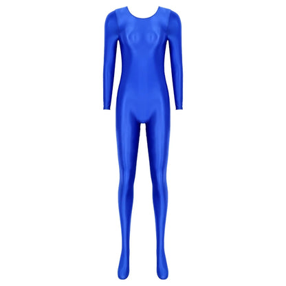 Women Oil Shiny Long Sleeve Pantyhose Jumpsuit Bodystocking Yoga Gymnastics Shapewear One-Piece Swimsuit Catsuit Glossy Bodysuit