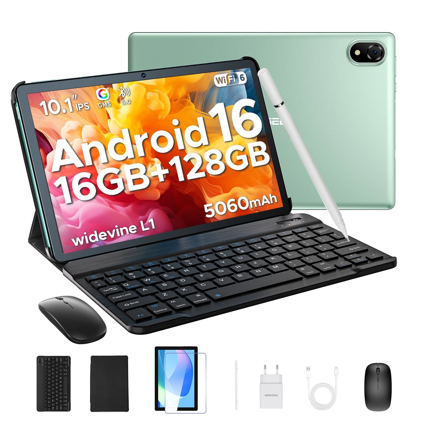 DOOGEE U10 Tablet 10.1" HD Display Android 16 16GB RAM 128GB ROM 5060mAh Large Battery Widevine L1 WiFi6 8MP+5MP Pad PC