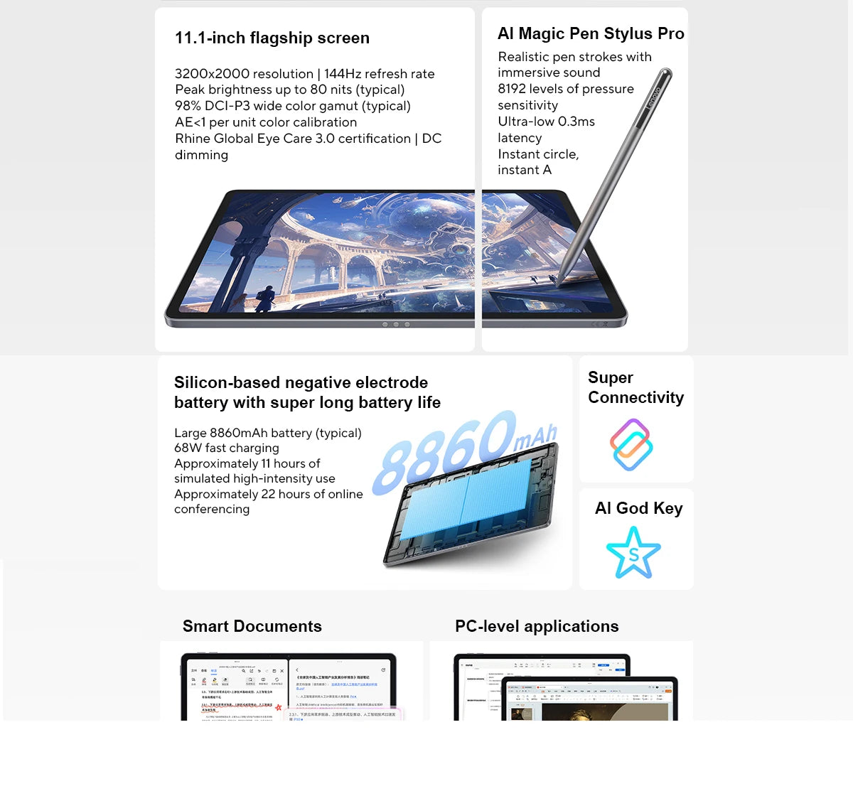 Origina Lenovo Xiaoxin Pad Pro GT Tablet CN Version 11.1'' 3.2K LCD 144Hz Display Snapdragon 8 Gen 3 8860mAh Android Pad PC