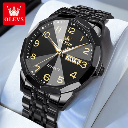 OLEVS Men's Watches Luxury Fashion Fine Steel Strap Top Brand Original Quartz Wristwatch for Man Rhombus Mirror Waterproof Date