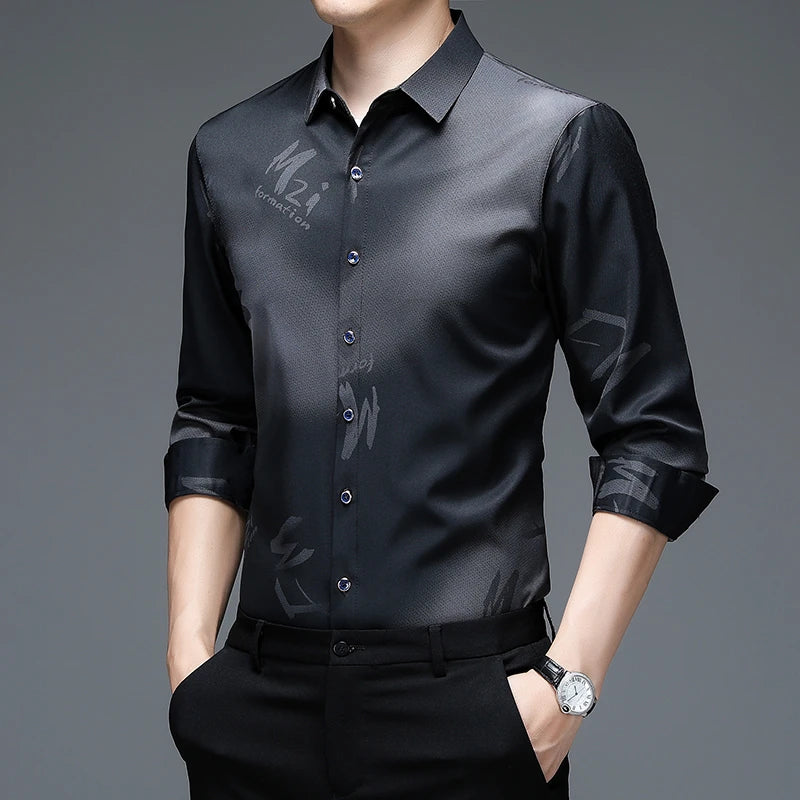 New Men's Casual and Fashionable Long Sleeved Shirt with Printed Anti Wrinkle Business Shirt